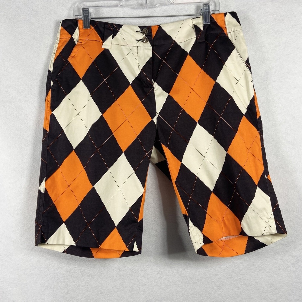 Loudmouth Golf Shorts Women's 10 Black Orange Chino Flat Front Argyle